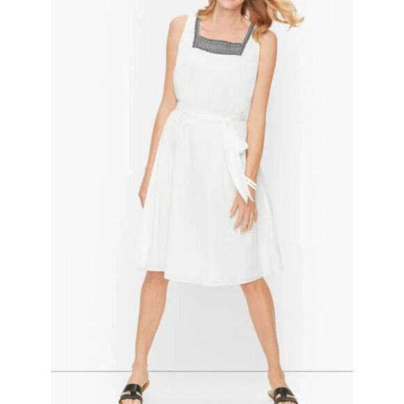 Talbots NWT White Gauze Cotton Embroidered Black Dress no belt Sz 10 petite - Picture 1 of 7